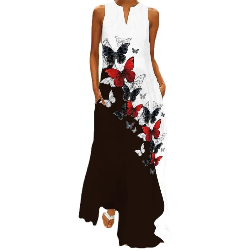 Summer Dress Sleeveless V Neck Floral Letter Print Maxi Long Dresses