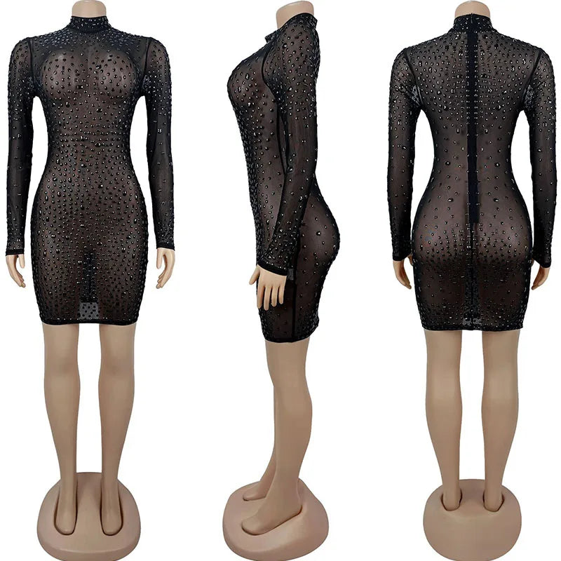 Sparkly Rhinestones Mesh See Through Diamonds Night Out Club Party Sexy Mini Dress