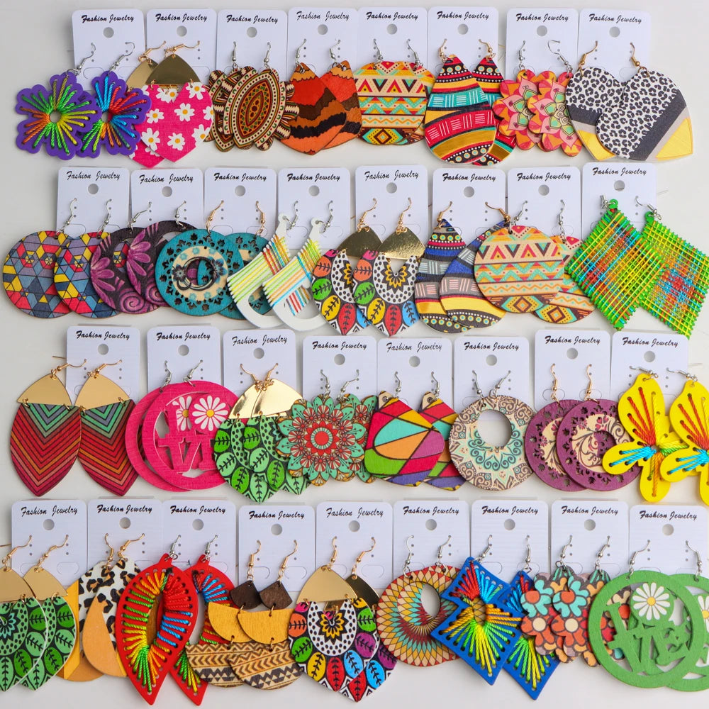 10 Pairs Boho Ethnic Print Wooden Earrings – Colorful Geometric Statement Set