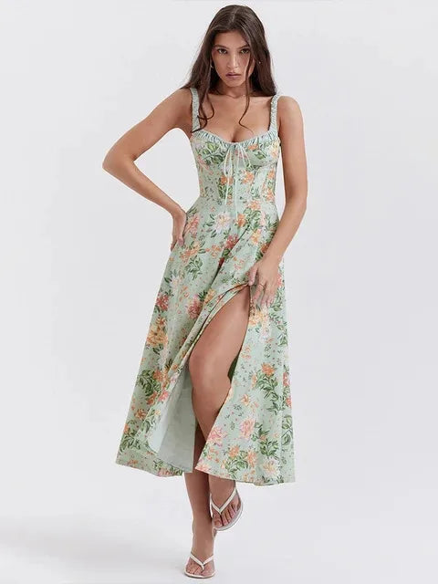 Off Shoulder Flower Print High Split Elegant Long Dresses