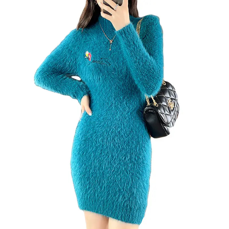 Imitation Mink Fleece Autumn Winter New Plush Slim Sweater Dress
