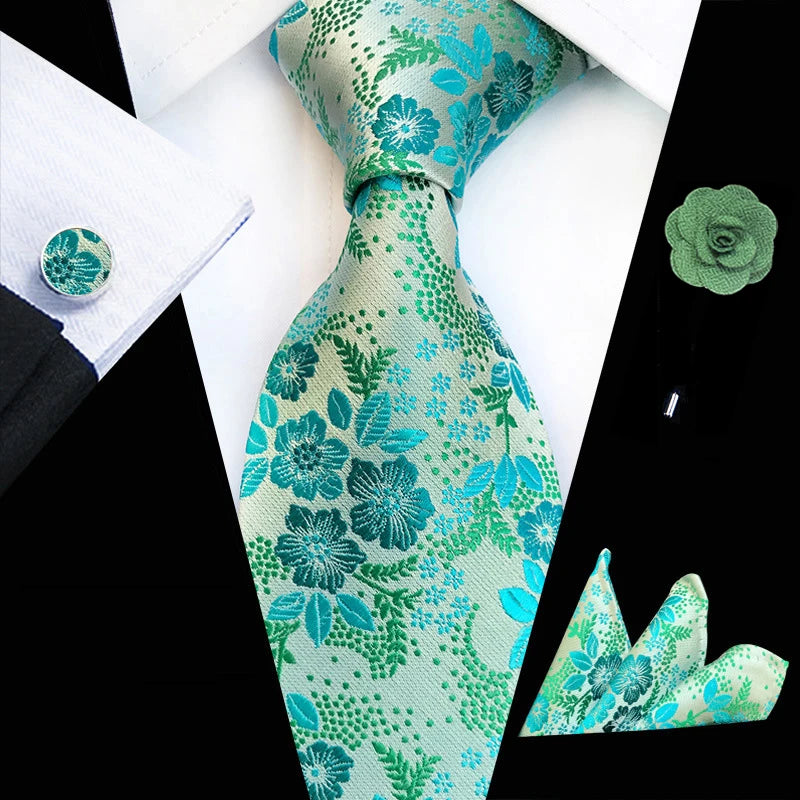 Floral  Neck Tie Set Handkerchief Brooch Cufflinks Men Accessories