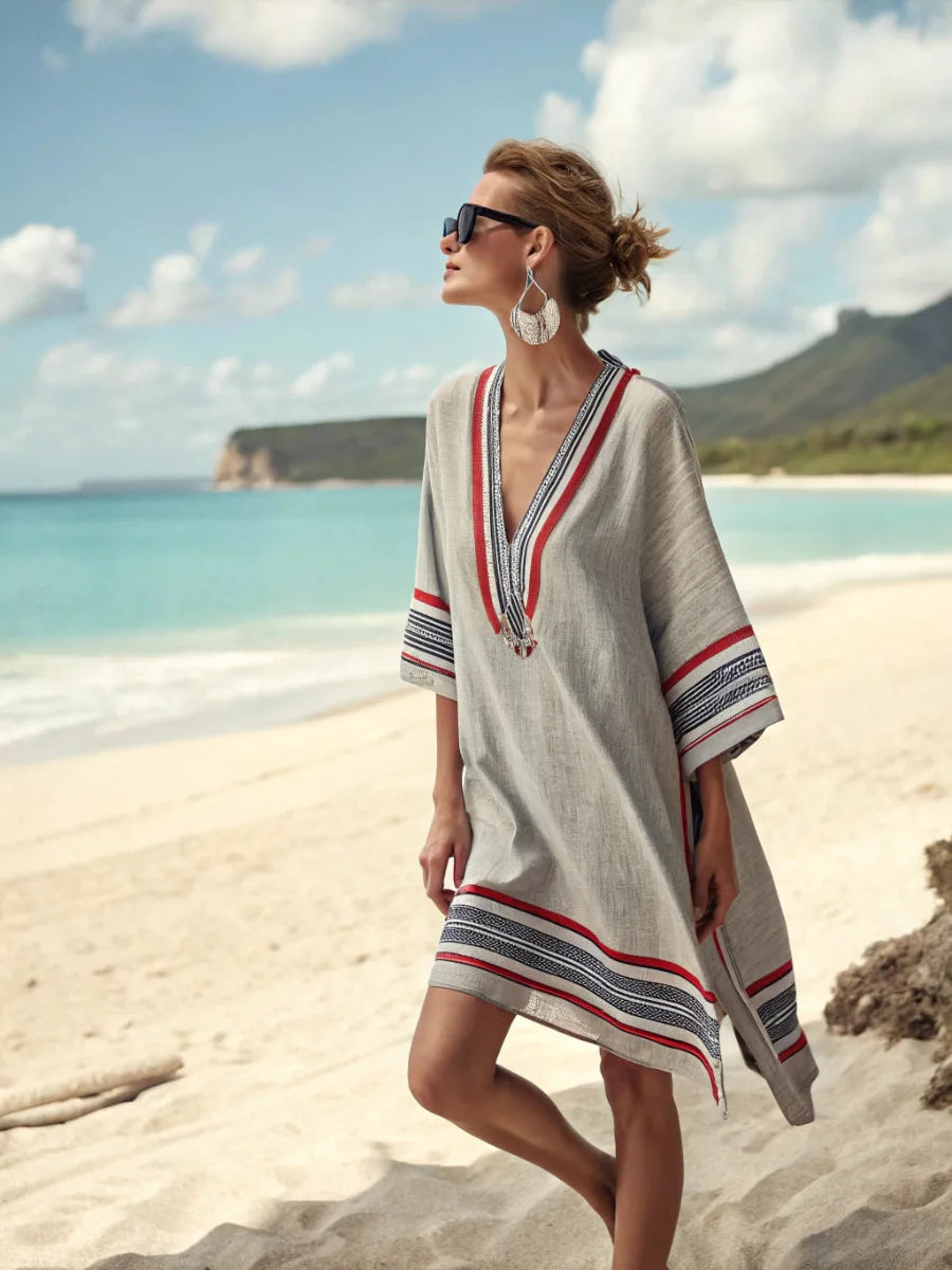 2025 Summer V-Neck Floral Print Loose Beach Dress