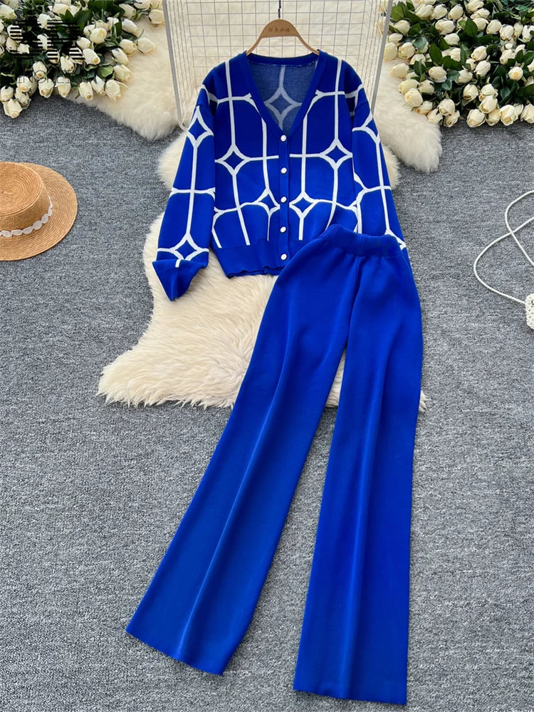 Autumn Winter Single Breasted Cardigan+Wide Leg Long Pants