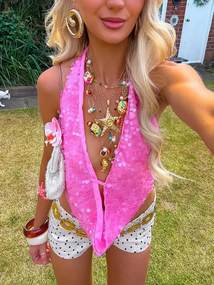 Summer Sequin Sexy Backless V-Neck Hollow Out Patchwork Glitter Tank Top