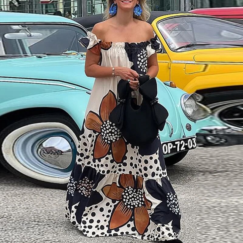 Sexy Fashion Flower Print Elegant Ruffle Off Shoulder Bohemian Maxi Dresses