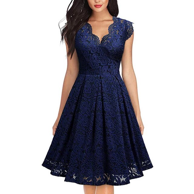 Sexy Lace Hollow Pleated Vintage Elegant Party Dresses