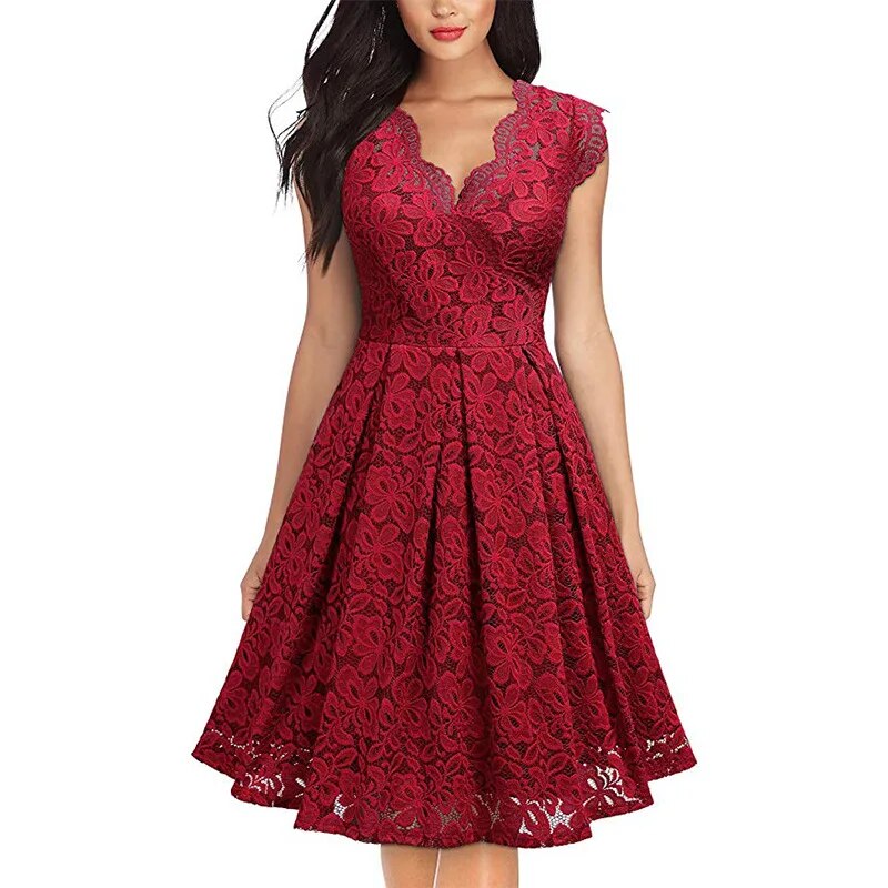 Sexy Lace Hollow Pleated Vintage Elegant Party Dresses