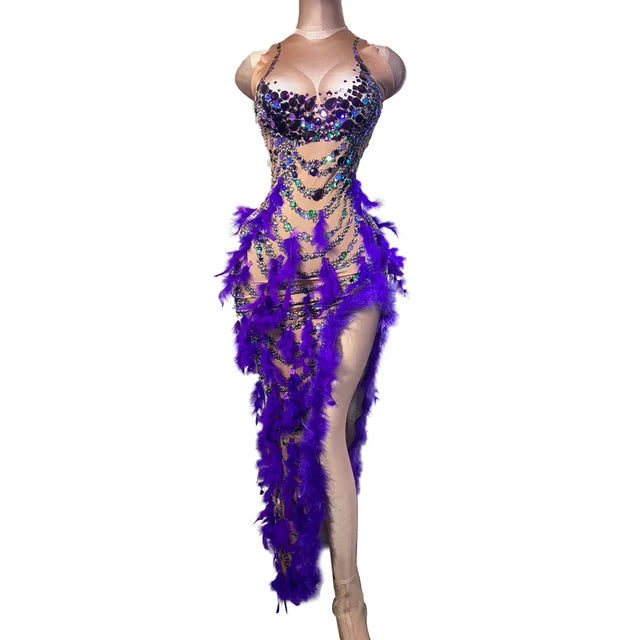 Sexy Purple Crystal Feather Stretch Nude Evening Party Bodycon Dress