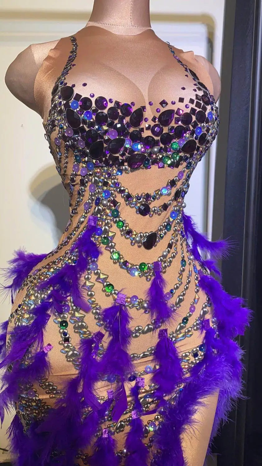 Sexy Purple Crystal Feather Stretch Nude Evening Party Bodycon Dress