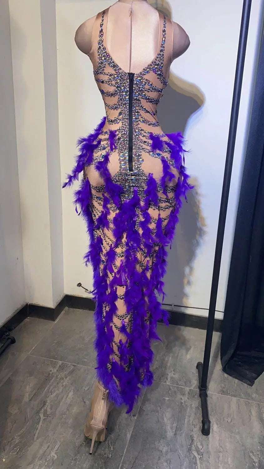 Sexy Purple Crystal Feather Stretch Nude Evening Party Bodycon Dress