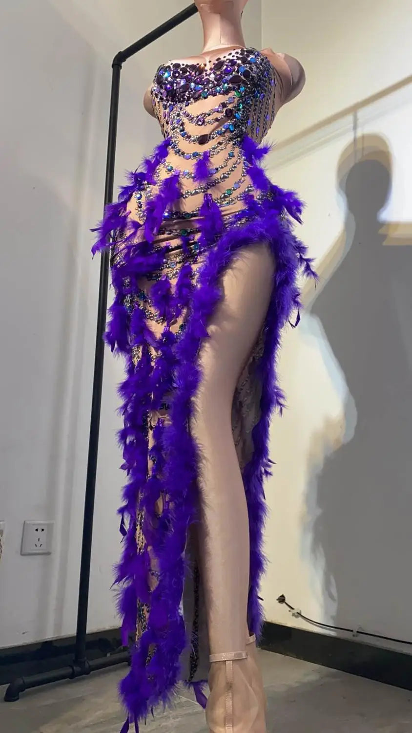 Sexy Purple Crystal Feather Stretch Nude Evening Party Bodycon Dress