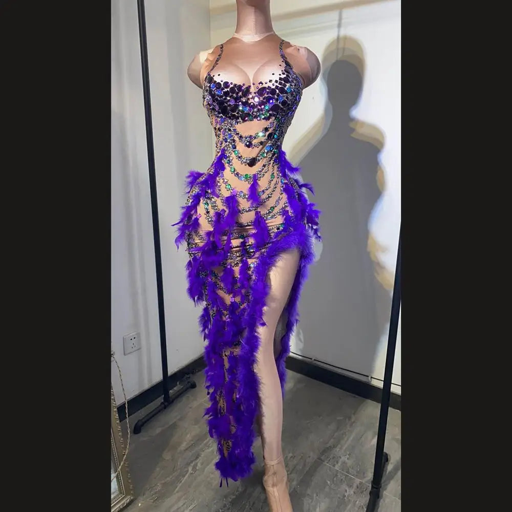 Sexy Purple Crystal Feather Stretch Nude Evening Party Bodycon Dress