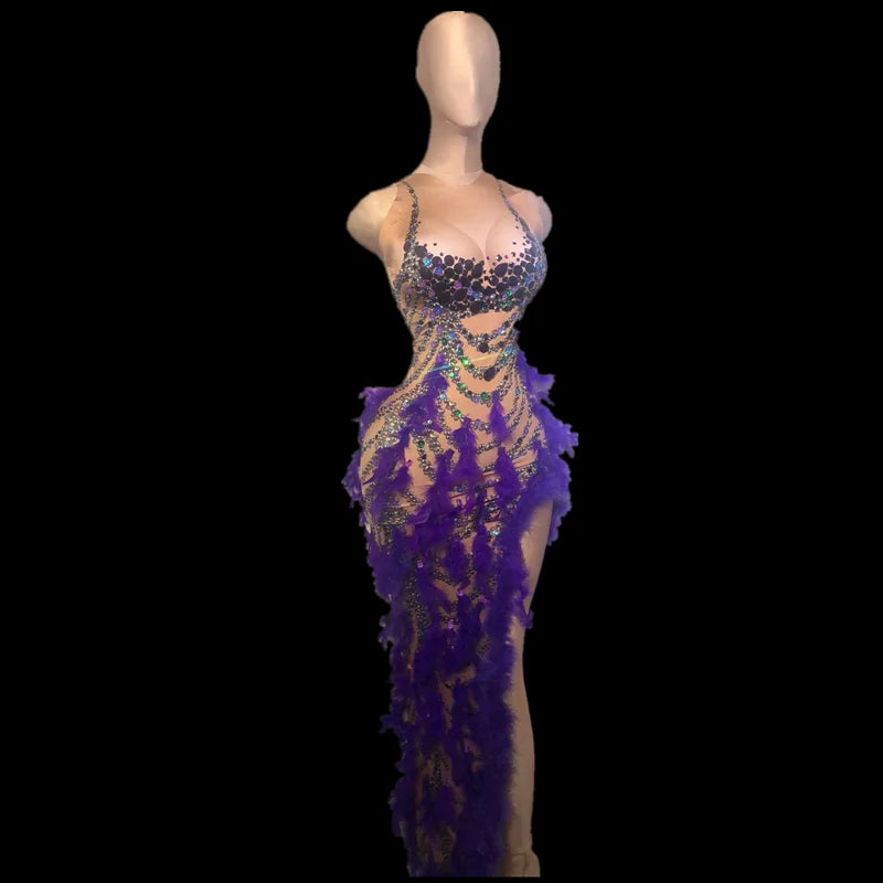 Sexy Purple Crystal Feather Stretch Nude Evening Party Bodycon Dress