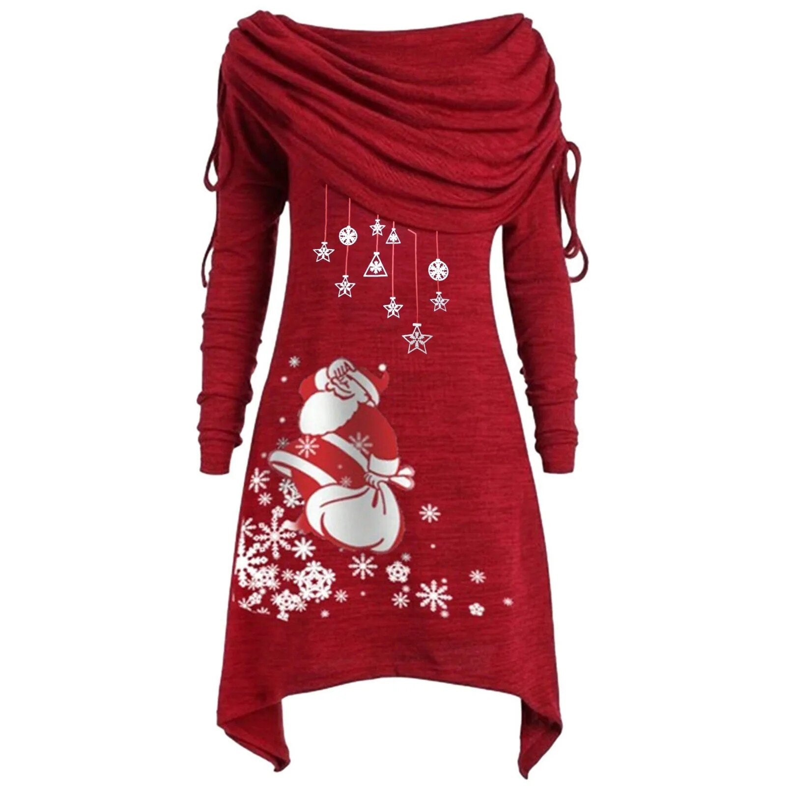 Sexy Ruched Santa Claus Printed Drawstring Long Sleeve Irregular Dress