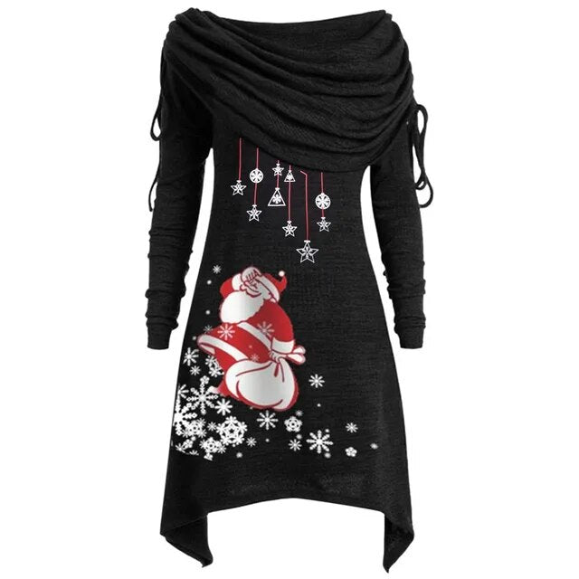 Sexy Ruched Santa Claus Printed Drawstring Long Sleeve Irregular Dress