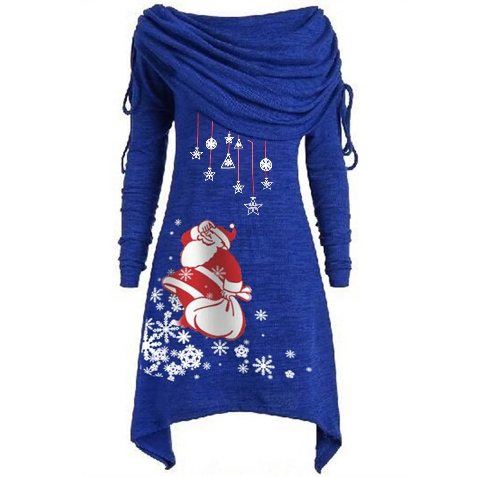 Sexy Ruched Santa Claus Printed Drawstring Long Sleeve Irregular Dress