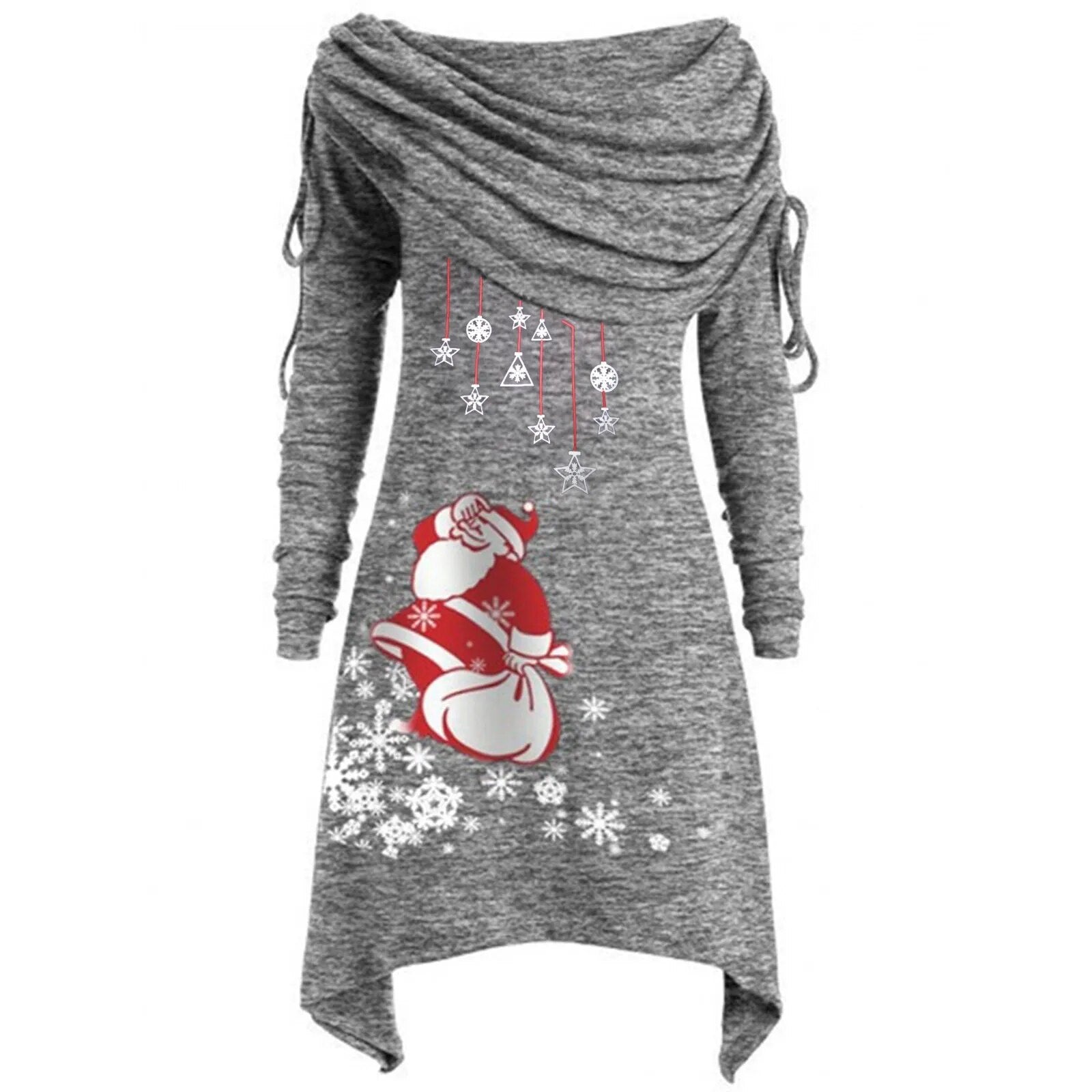 Sexy Ruched Santa Claus Printed Drawstring Long Sleeve Irregular Dress