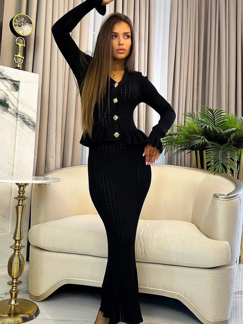 Long Sleeve Top And Long Skirt Set 2 Piece Elegant Outfits