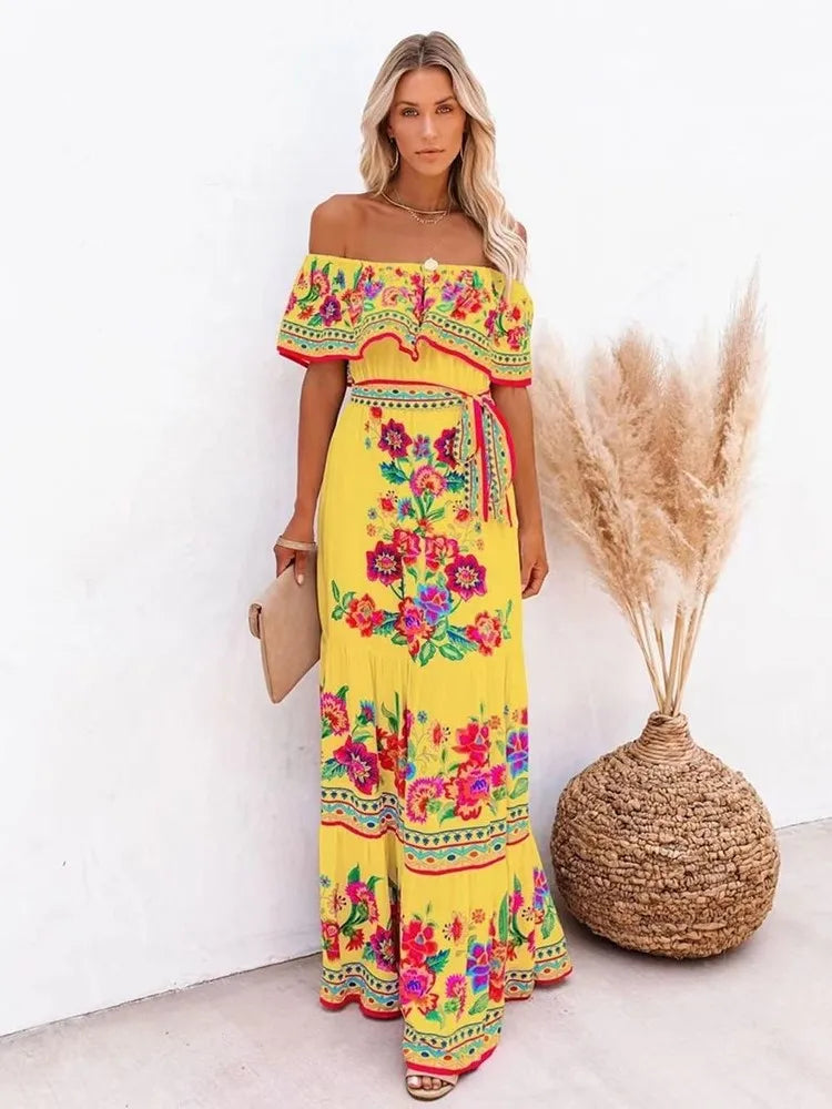 Spring Summer Red Floral One-Shoulder Lace-Up Maxi Dress