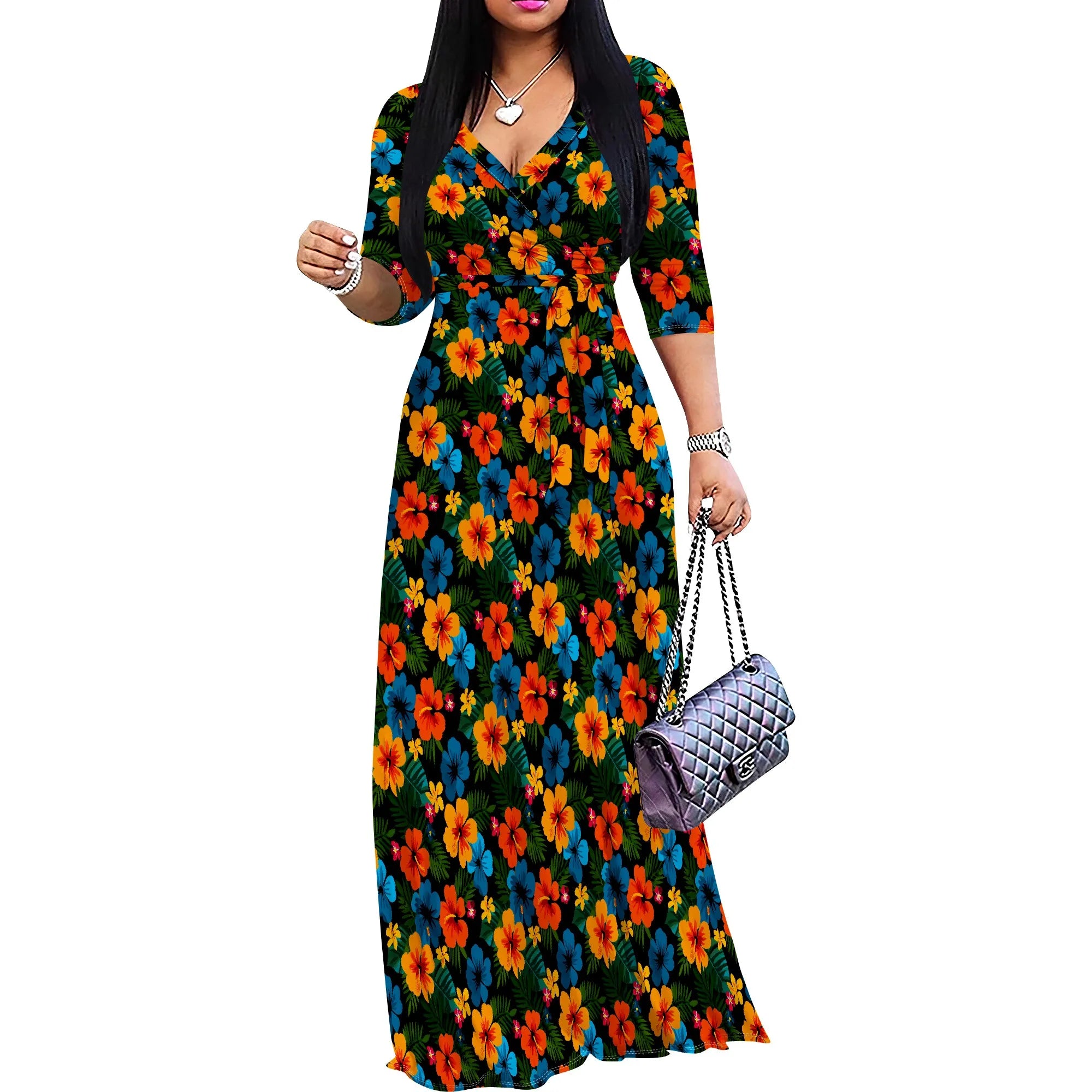Tropical Leaf Print V-Neck Maxi Dress