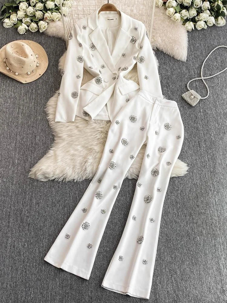 Elegant Diamond-Embellished Two-Piece Suit Set for Women