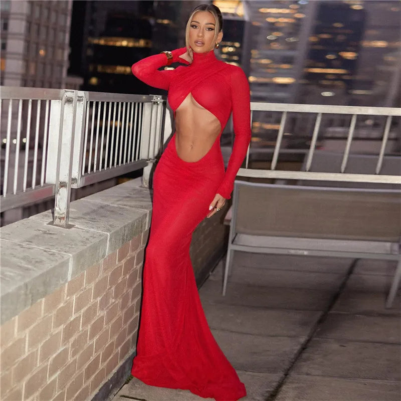 Long Sleeve Ruched Sexy Backless Elegant Red Cut Out Maxi Dress