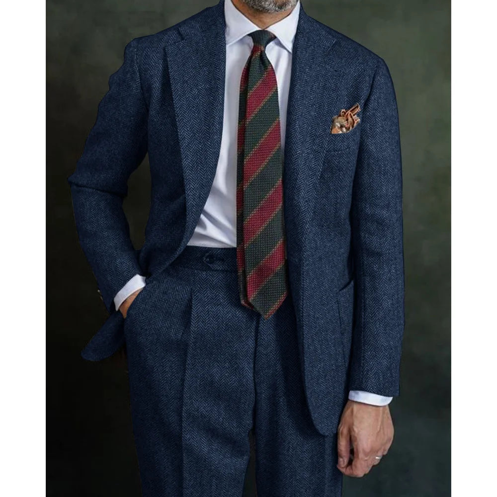 Classic Men’s Three‑Piece Herringbone Suit Set – Blazer, Vest &amp; Pants in Coarse Wool Blend