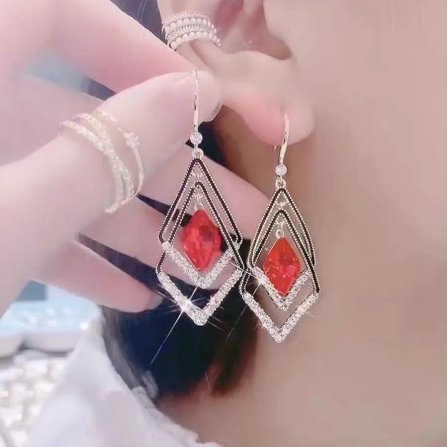 Trendy  Long Blue Crystal GeometryDangle Drop Earrings