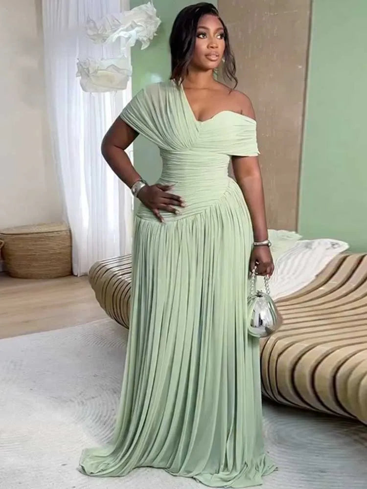 Curvy Pleated  Waist Slimming Assymetric V Neck Off Shoulder Dress
