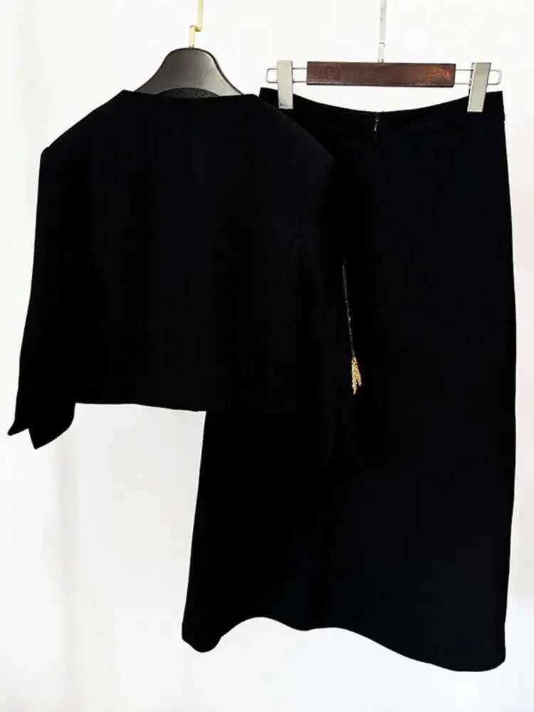 Single Button Flower Bead Short Coat A-line Skirt