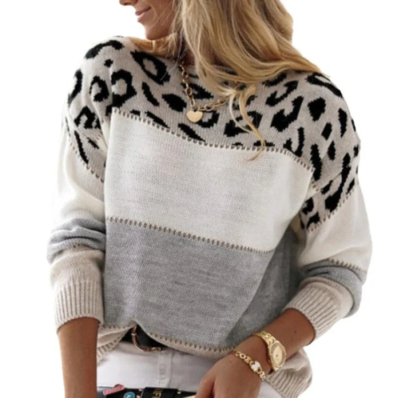 Leopard Print Tops Knitted Mock Neck Full Sleeve Casual Knit Sweater