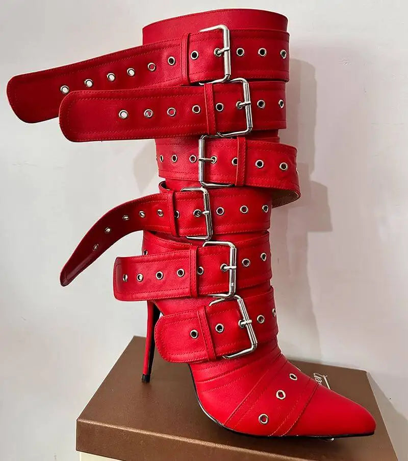 Pointed Toe Mid-Calf Boots Buckle Strap Thin High Heel
