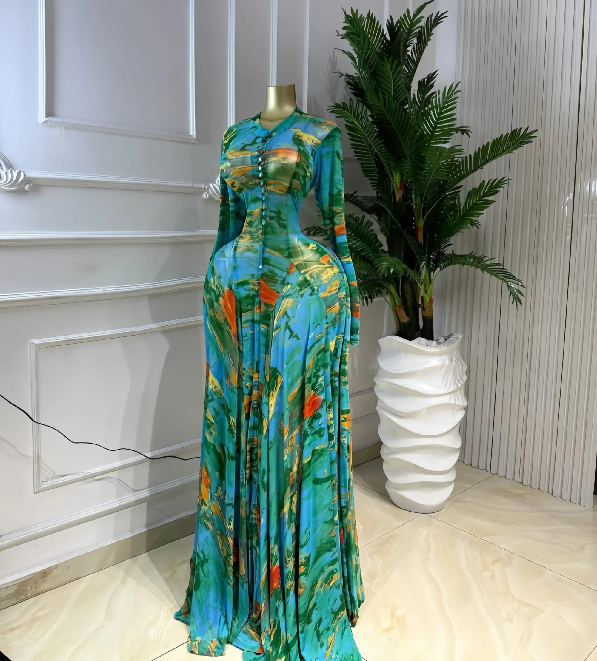O-neck Long Sleeve Big Swing Tie Dye Print Long Dress