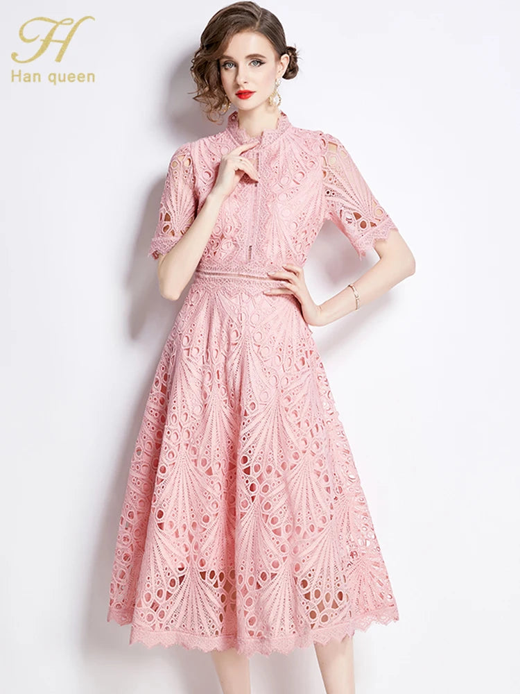 Spring New Elegant Floral Crochet Hollow Out Lace Patchwork Casual Office Midi Dress