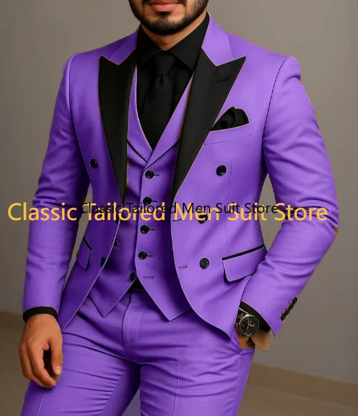 Beige Double Breasted Suit  Black Lapel  Slim Fit Wedding Suit