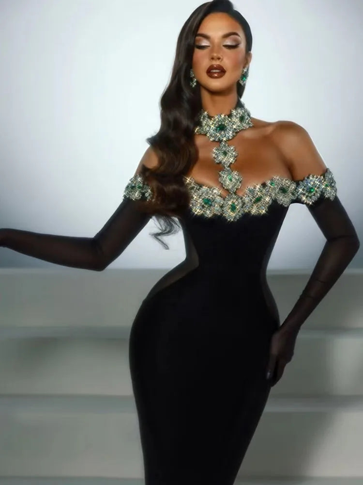 Celebrity Sexy Diamonds Crystal Black Maxi Long Bodycon Elegant Dress