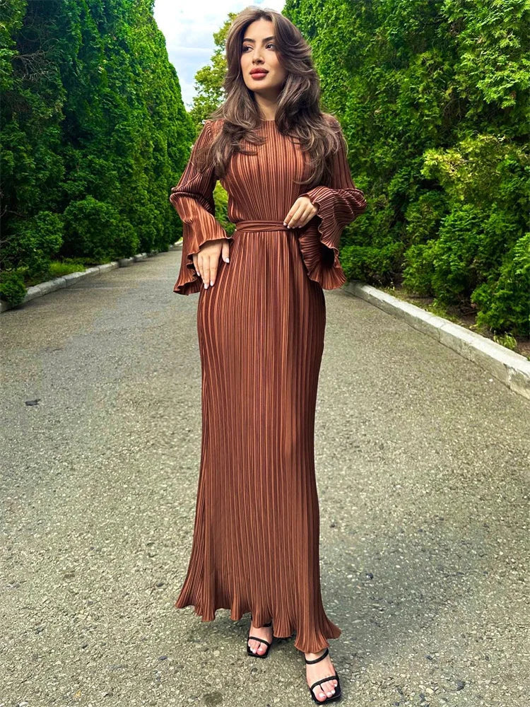 Long Sleeve Ruffled Lace-Up Ribbed Maxi Dress