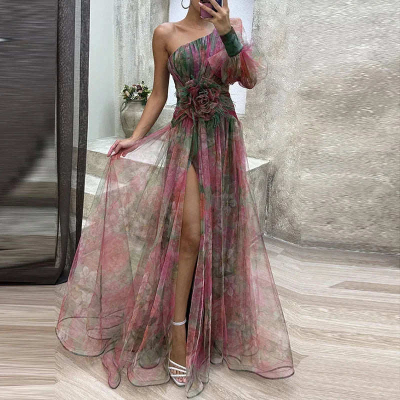 High Split Loose Hem One Shoulder Print Beach Party Dress
