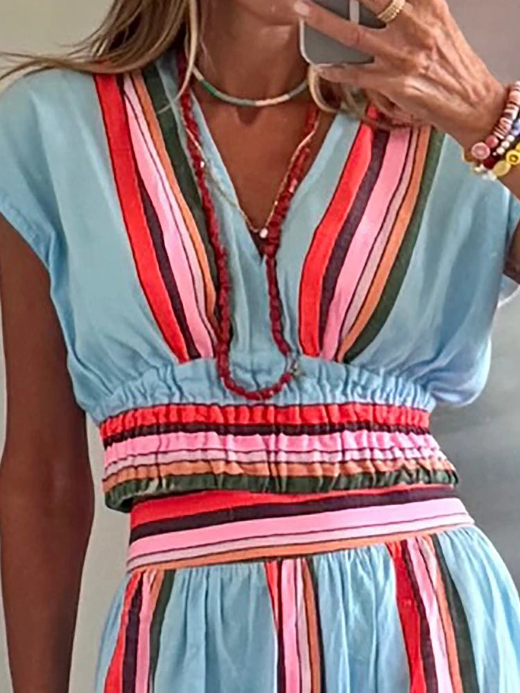 2PCS Women’s Holiday V-Neck Crop Top & Maxi Skirt Set