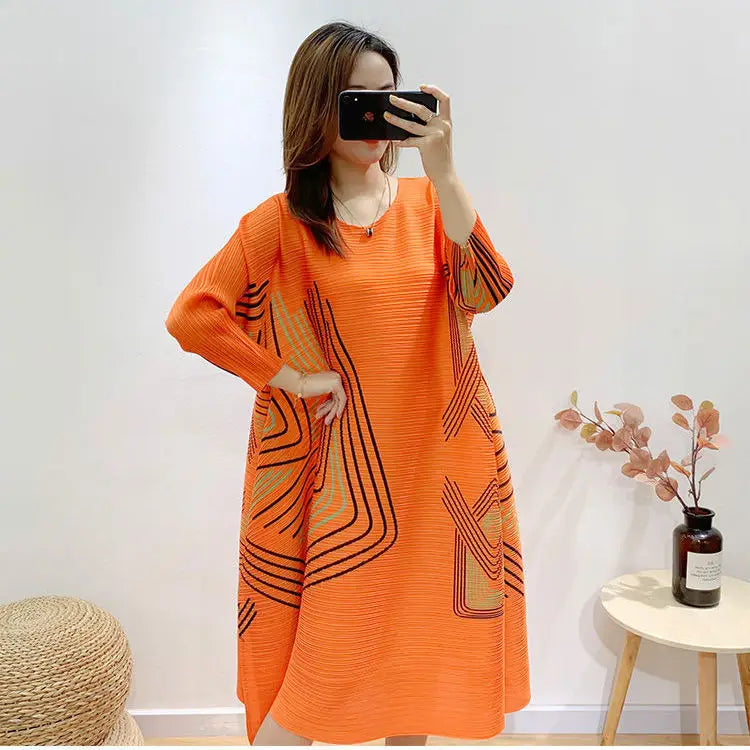 Orange Pleated A-Line Maxi Dress