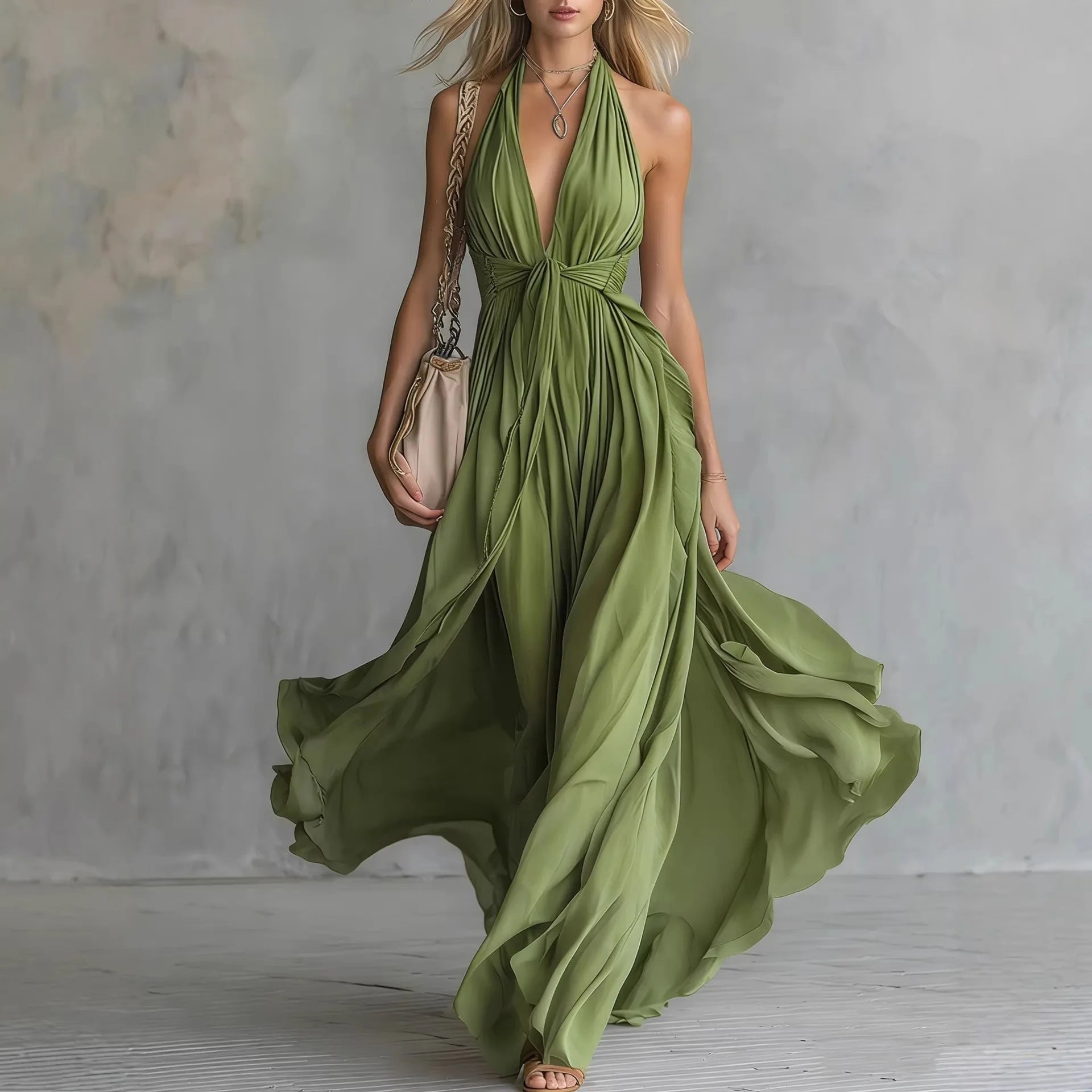 Women’s Elegant Deep V-Neck Lace-Up Long Dress