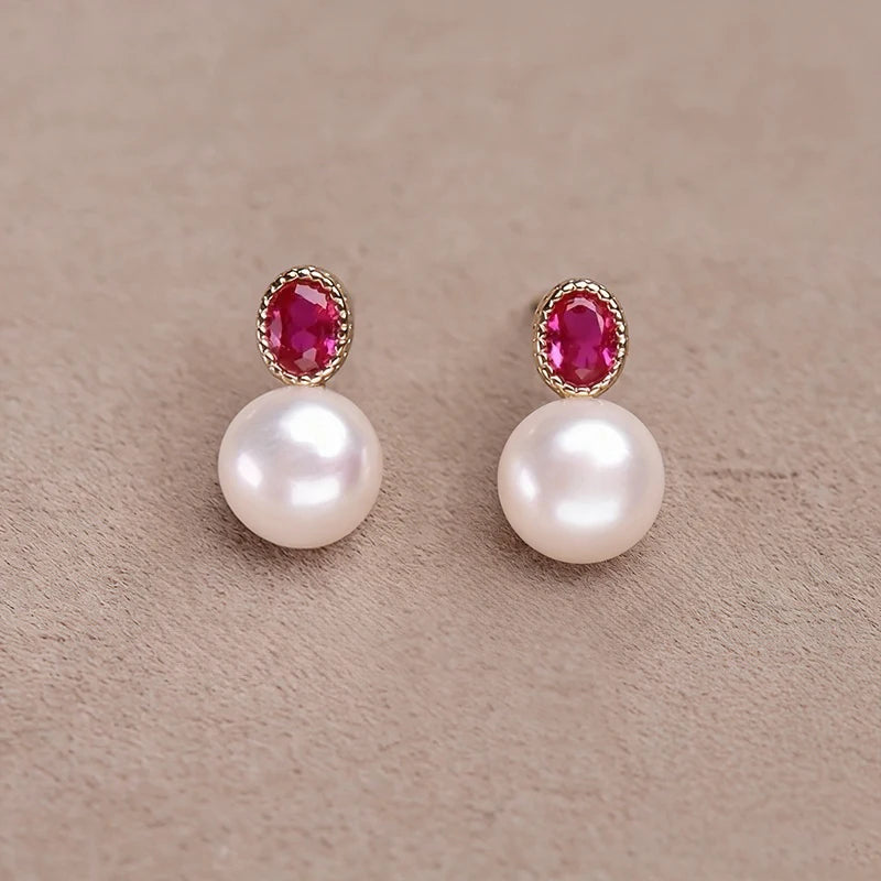 Chic Rose Red CZ & Imitation Pearl Stud Earrings