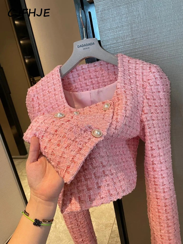 CJFHJE Autumn High Quality Ladies Jacket French Fashion Pink Square Neck Pearl Button Bright Silk Tweed Fragrant Coat Women's