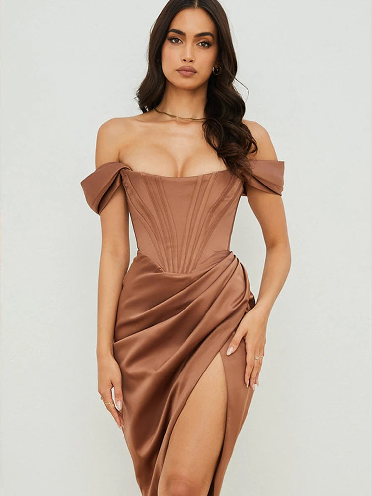 Summer Autumn Elegant Off Shoulder Backles Ruched Midi Dresses