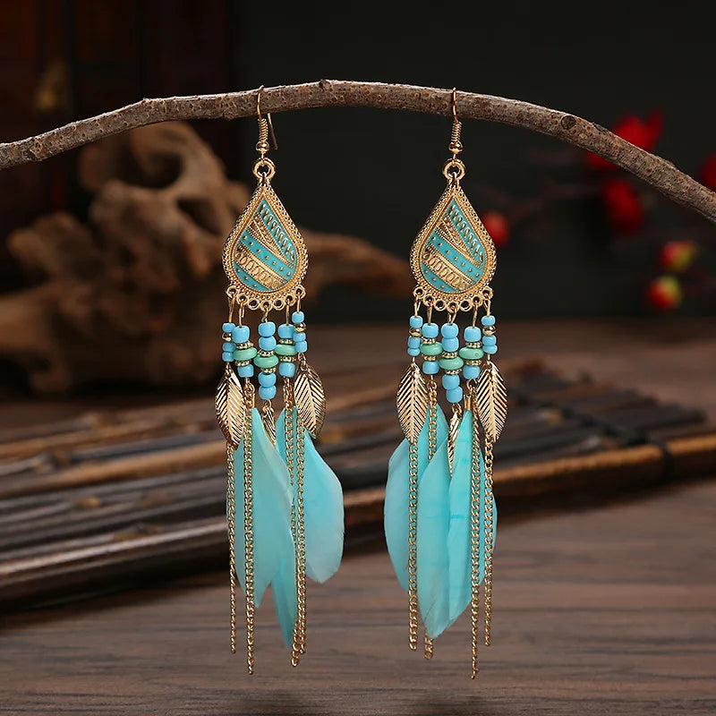 Boho Long Feather Dangle Earrings – Handmade Tassel & Enamel Flower Statement Jewelry for Women