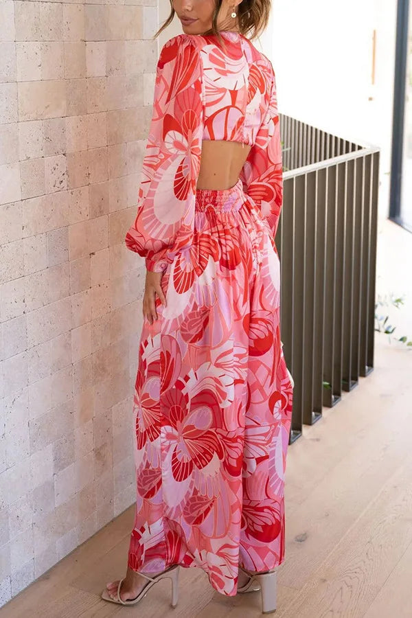 Sexy V Neck Long Sleeve Floral Print Jumpsuits