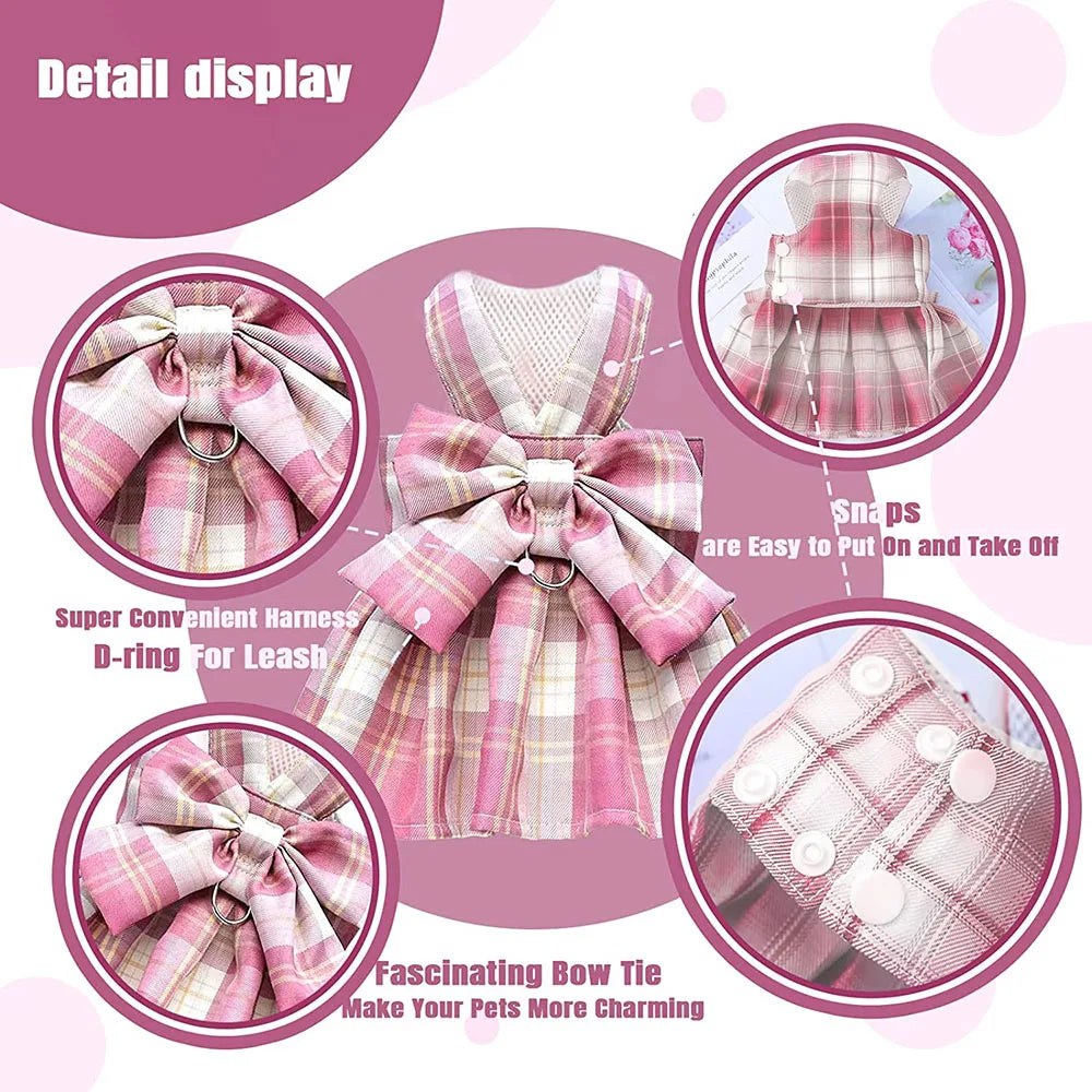 Plaid Dog Dress Bow Tie Harness Leash Set for Small Dogs Cats