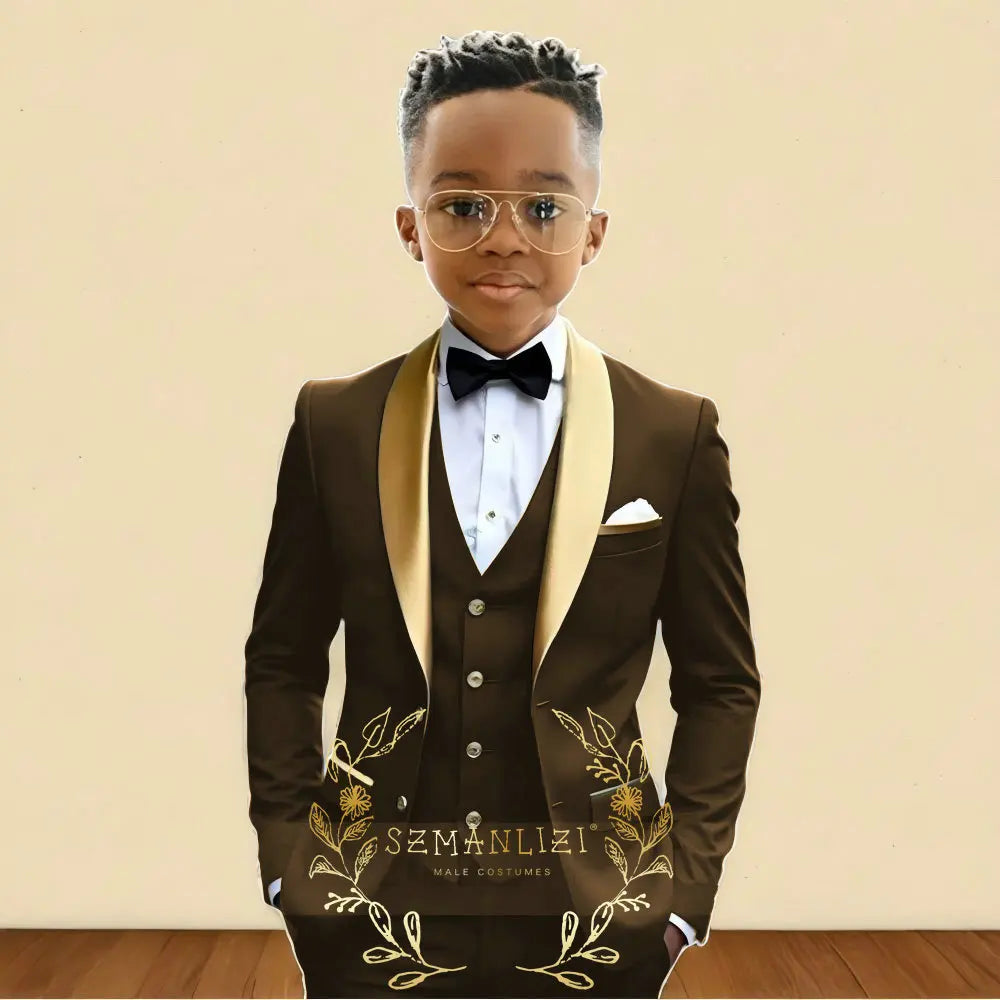 3‑Piece Boys Wedding Suit with Gold Shawl Lapel (2–16 Years)