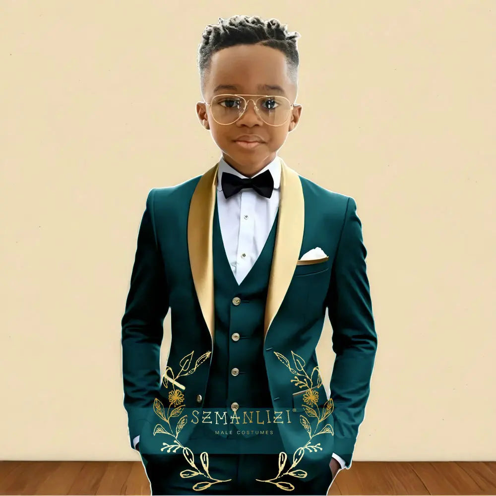 3‑Piece Boys Wedding Suit with Gold Shawl Lapel (2–16 Years)